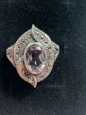 Vintage-Inspired Silver Ring with Purple Gemstone and Marcasite Accents